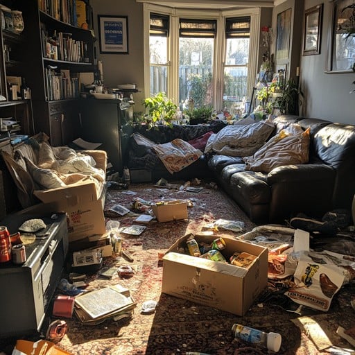 cluttered home with dusty surfaces and messy tables, working family stressed