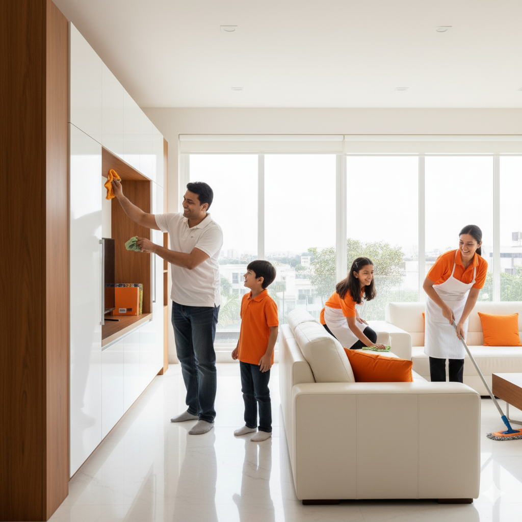 Happy family cleaning home together with teamwork and positive mindset – Family Participation & Cleaning Habits by Izak Home Services Jabalpur