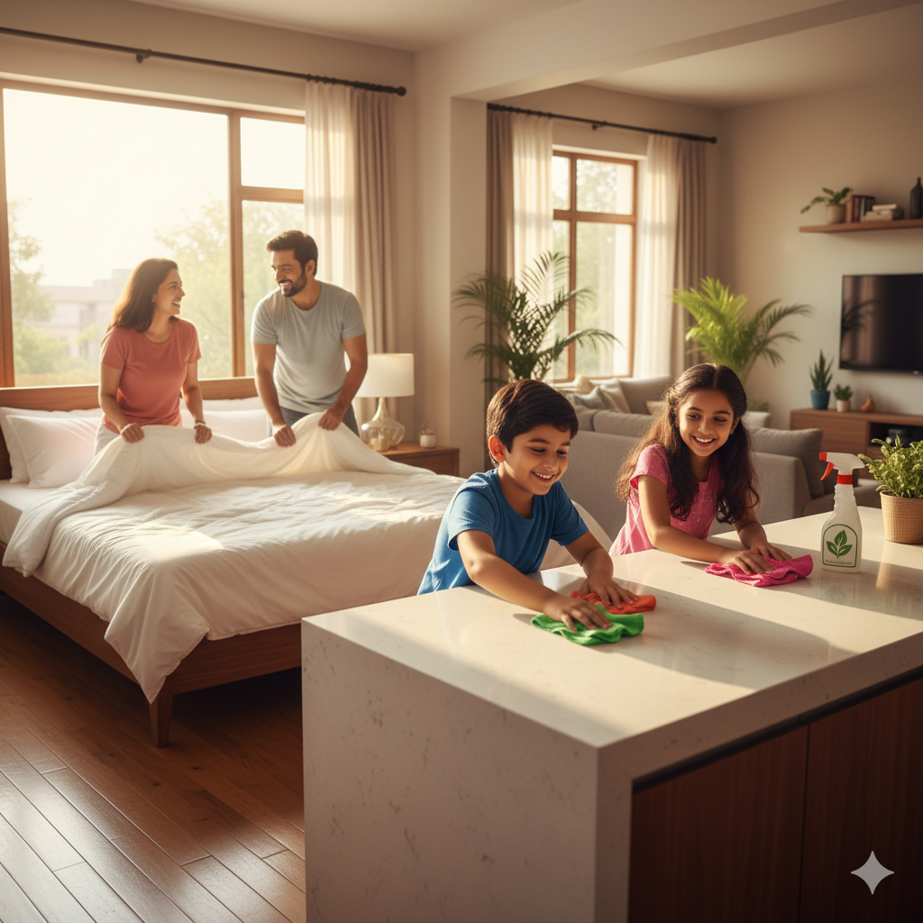 family cleaning daily routine – making bed and wiping surfaces in home