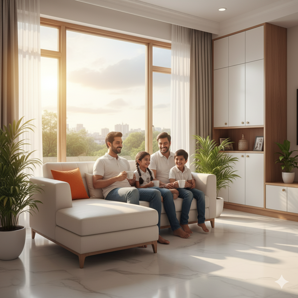 happy Indian family relaxing in a clean and fresh home after cleaning