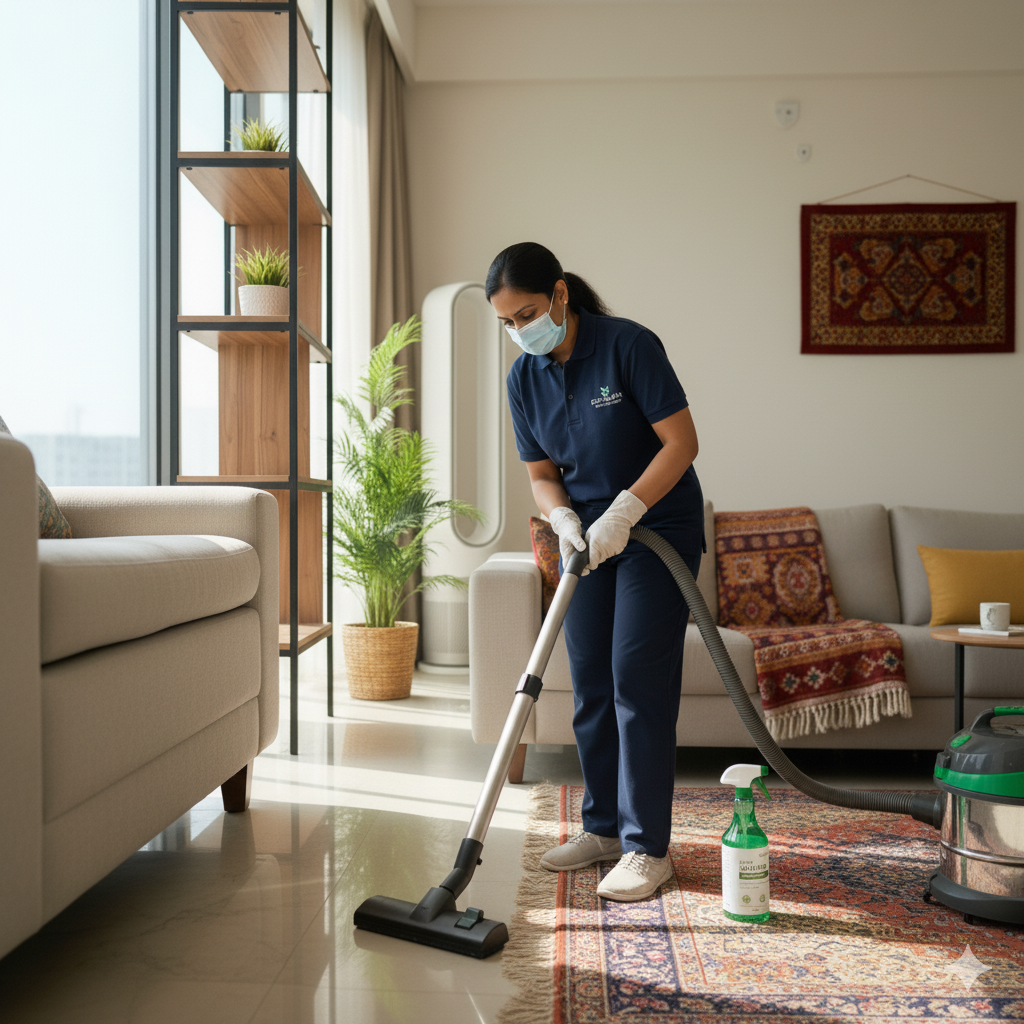 Professional cleaner performing sofa and carpet cleaning to prevent damage and maintenance costs – Izak Home Services Jabalpur