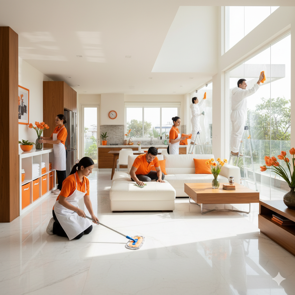 Professional cleaners performing monthly and seasonal deep cleaning in a modern home – Izak Home Services Jabalpur