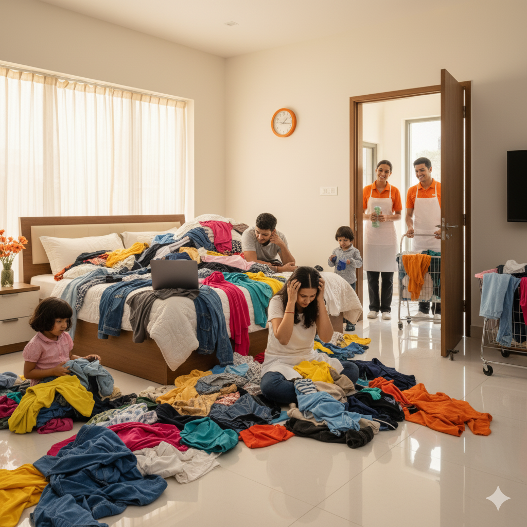 working family struggling with never-ending laundry pile at home