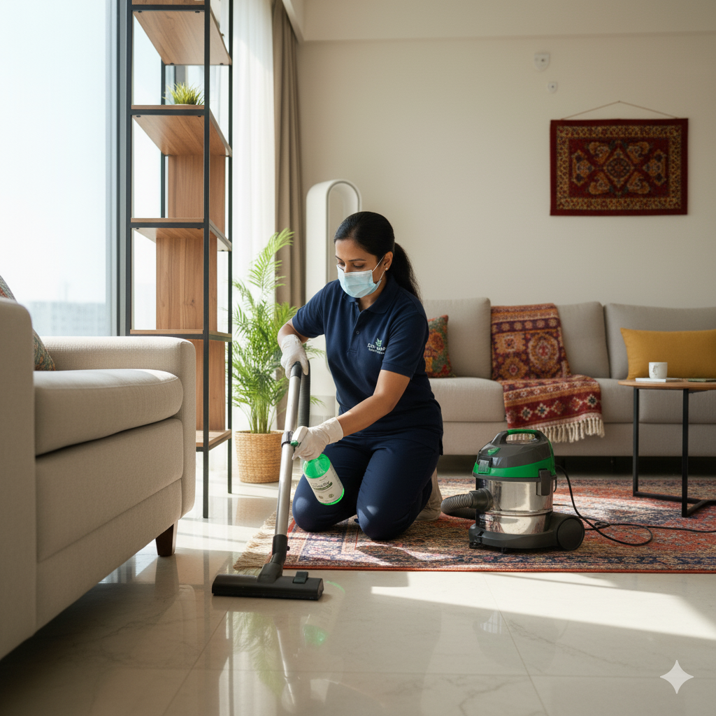 Professional cleaner using advanced tools for deep cleaning in a modern Indian home – Izak Home Services Jabalpur