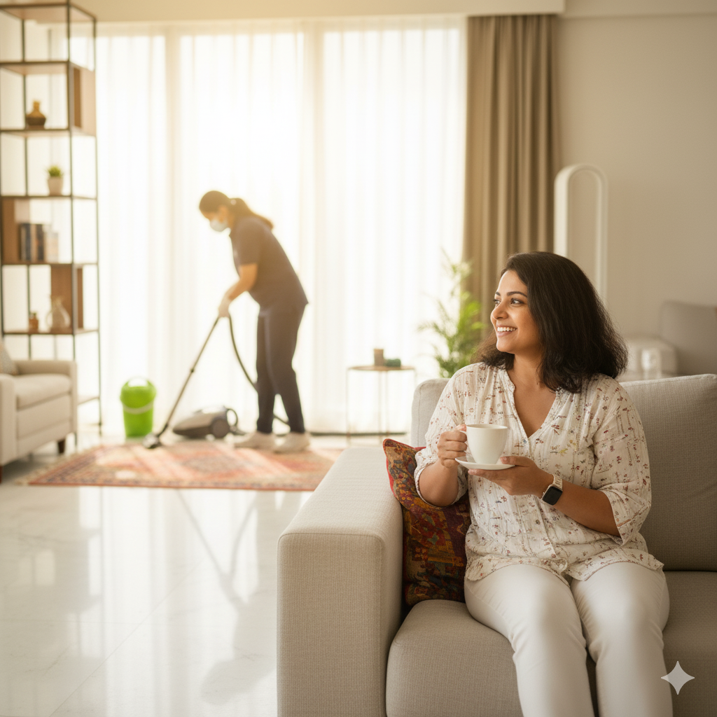 Relaxed woman smiling in clean living room after professional cleaning by Izak Home Services Jabalpur