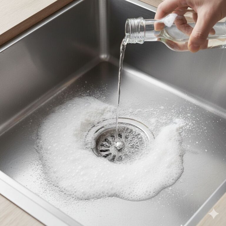 Baking soda and vinegar foam reaction cleaning blocked kitchen drain