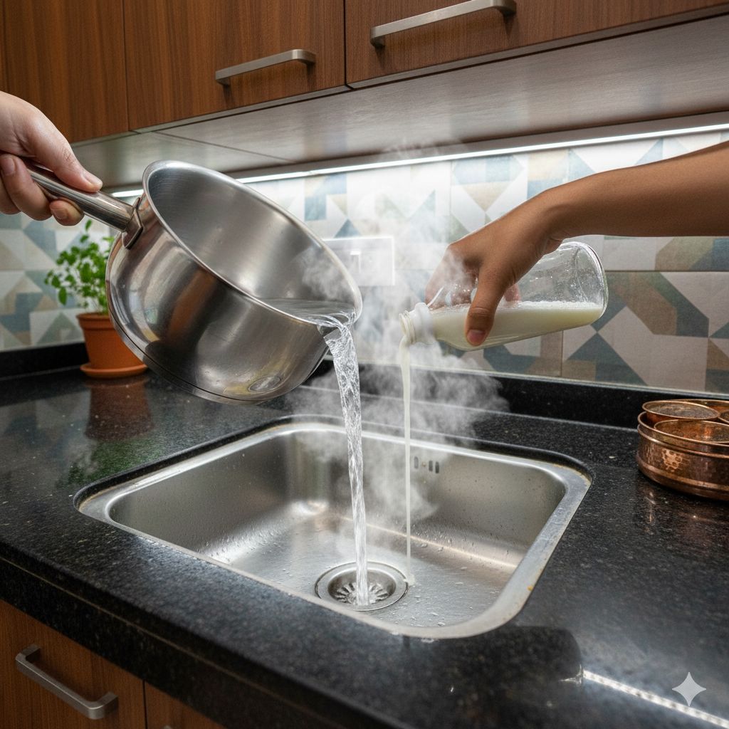 Final hot water flush clearing loosened dirt from kitchen drain