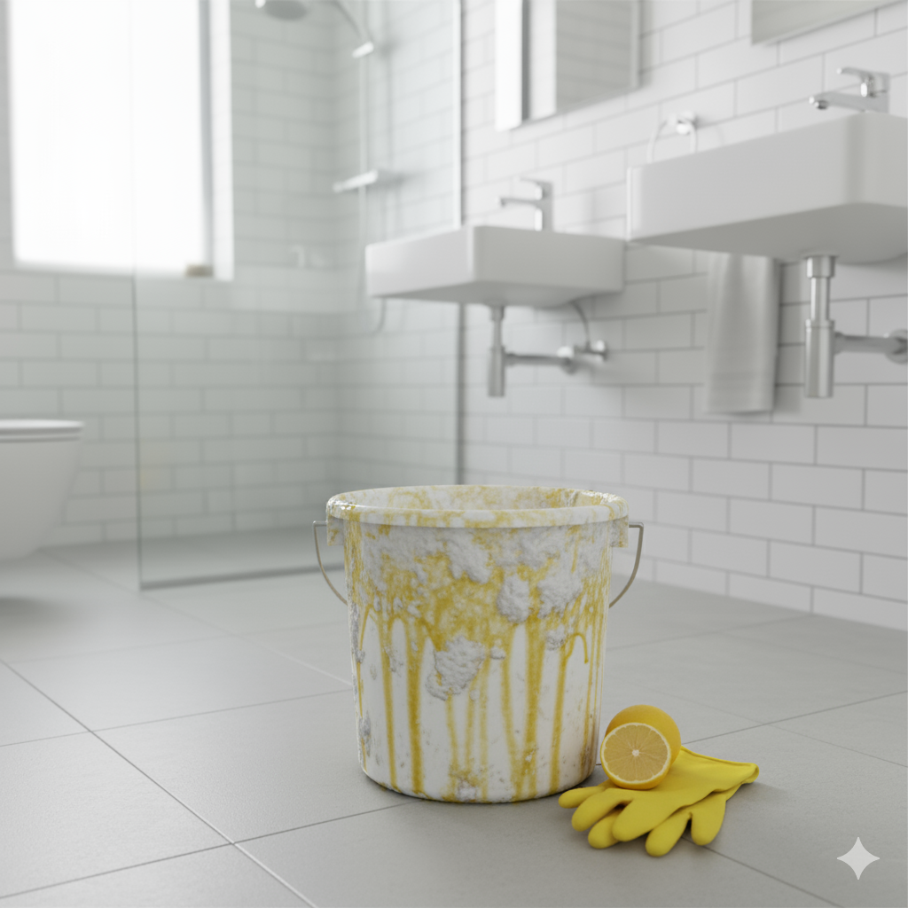 Toilet ki safed balti jisme hard water ke daag, soap ka foam aur moisture ke marks dikh rahe hain.