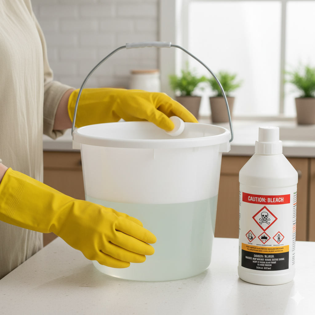 Using diluted bleach to remove tough stains from balti safely with gloves.