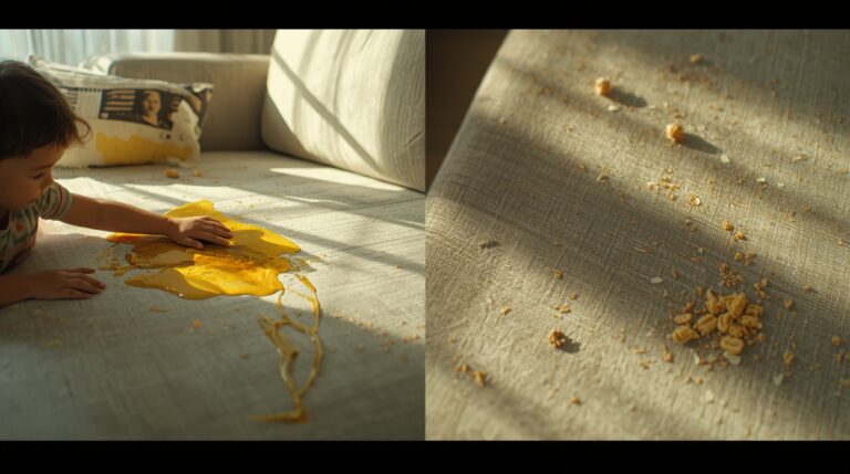 Child spilling juice and snack crumbs on a light sofa showing daily-use stains in Jabalpur homes.