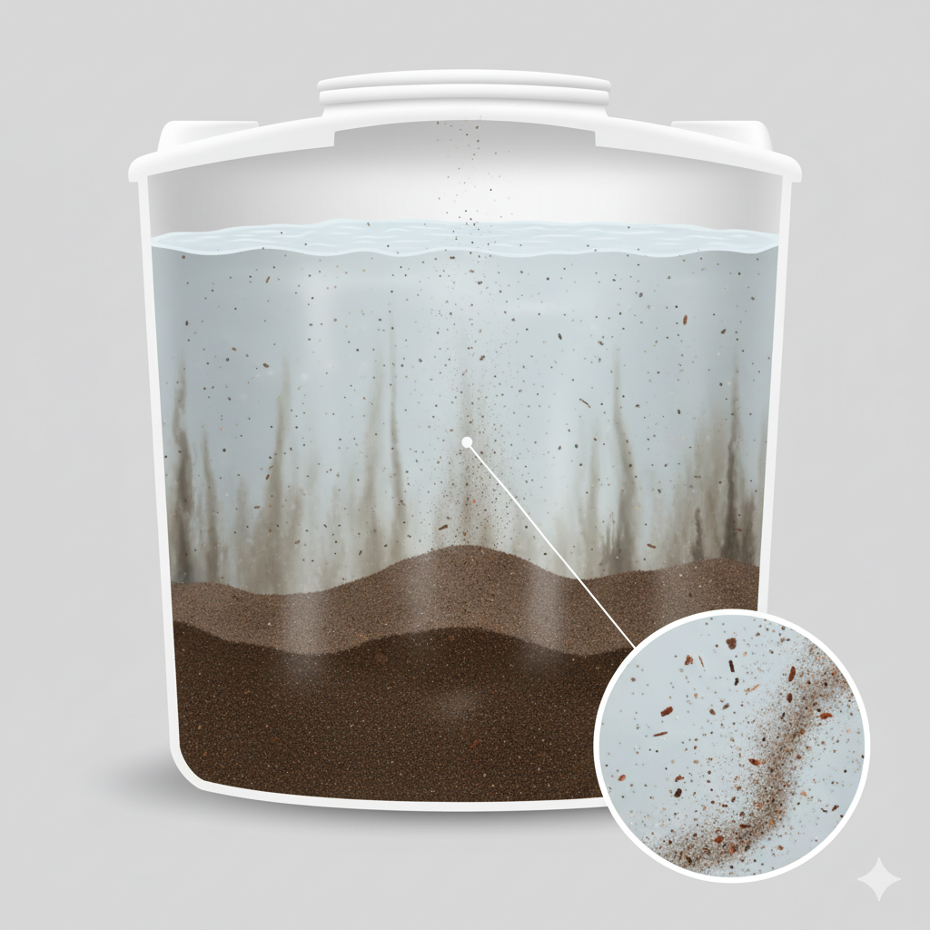 Sediment and dust buildup at the bottom of a household water tank showing unclean water layers.