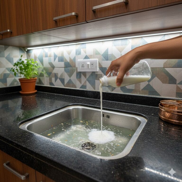 Desi trick se wash basin block saaf karte hue — baking soda aur vinegar se pipe cleaning solution.