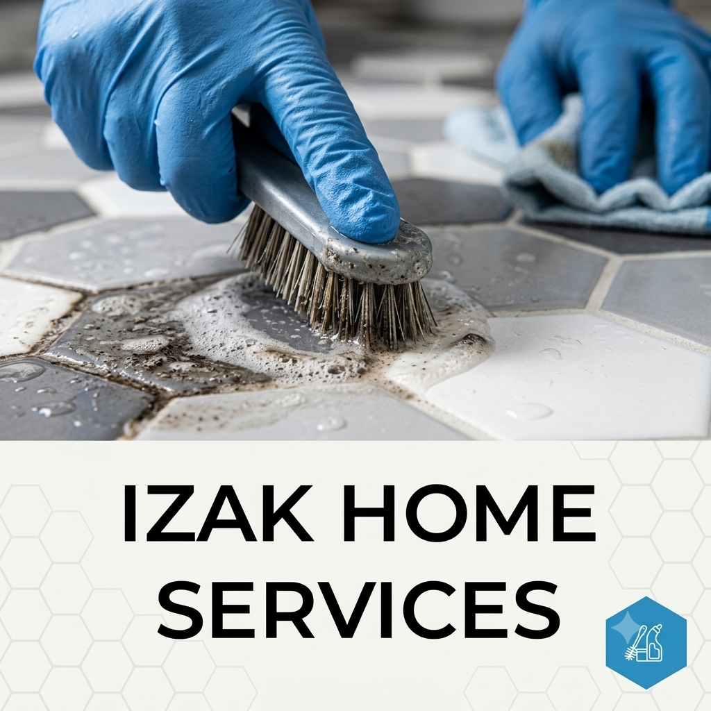 Professional cleaner scrubbing bathroom tiles