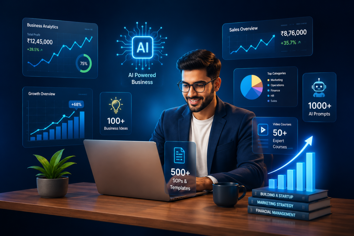 Business owner using AI and business analytics on a laptop in a modern startup office for Business Academy online learning platform.