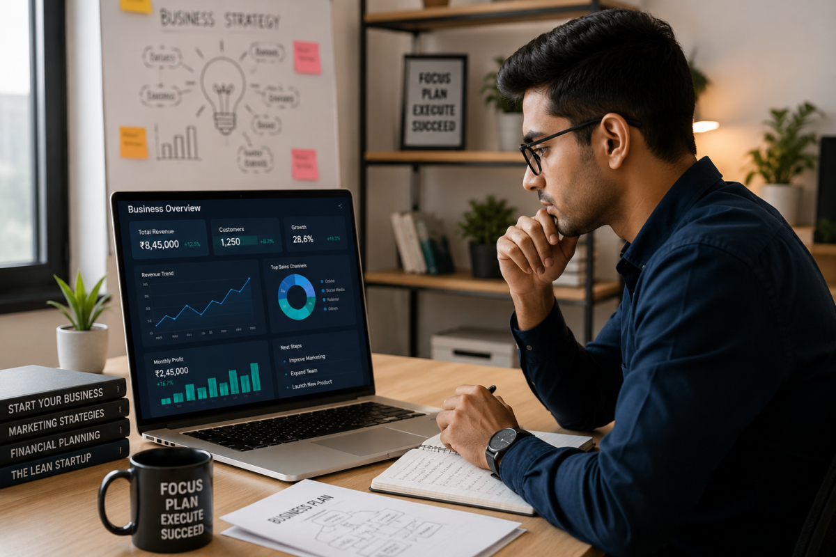 Entrepreneur learning business strategy on laptop with analytics dashboard