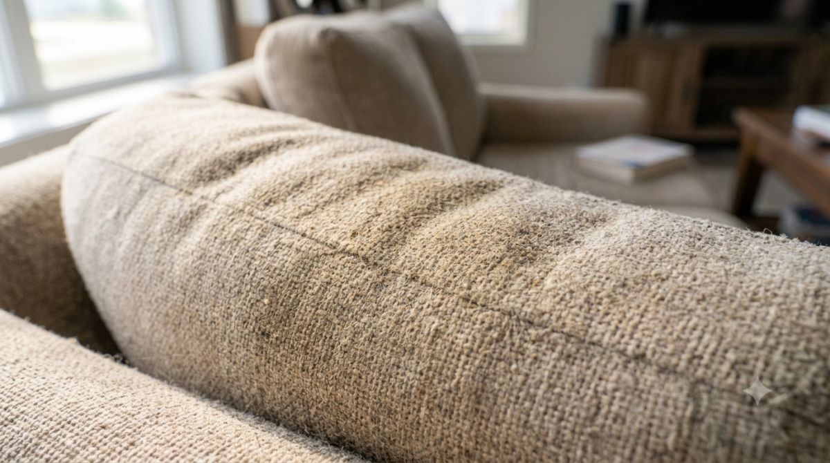 Close-up of a discolored fabric sofa armrest compared to the cleaner surrounding upholstery before professional cleaning.