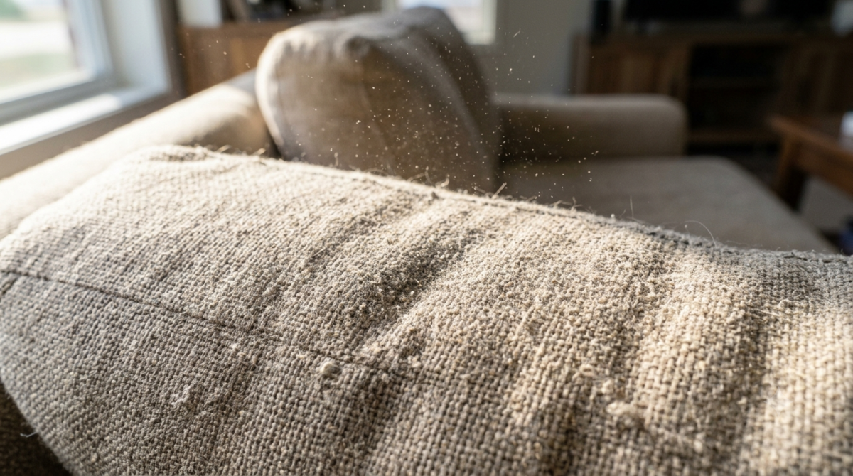 Close-up of dust particles trapped inside a fabric sofa cushion before professional cleaning