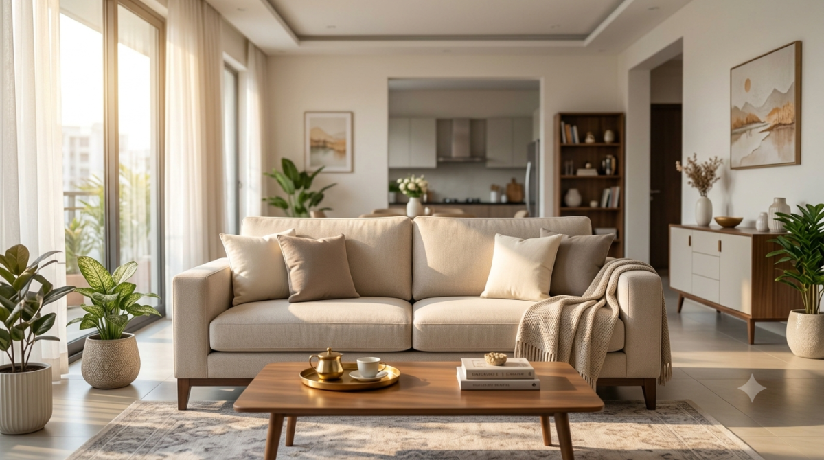 Freshly cleaned fabric sofa in a modern Indian apartment living room after professional upholstery cleaning.