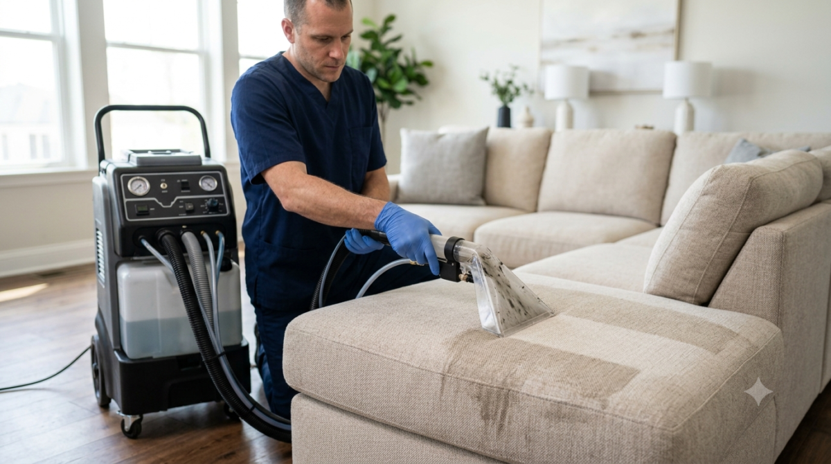 Professional hot water extraction machine deep cleaning a fabric sofa and removing embedded dirt.