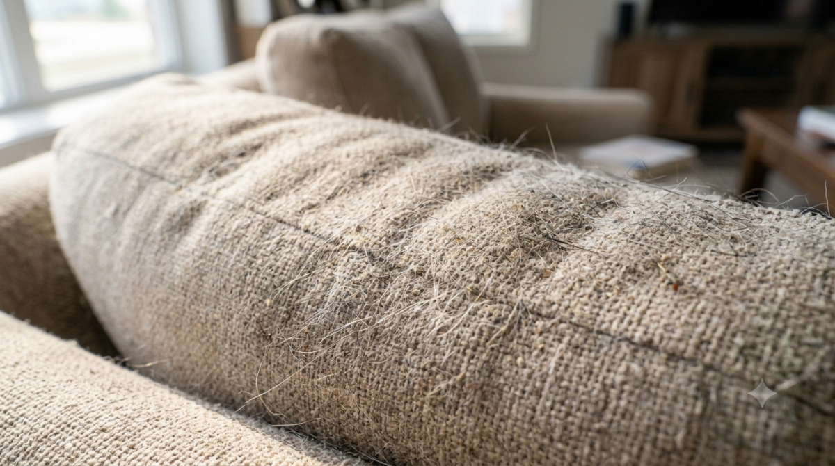 Close-up of pet hair embedded in beige sofa fabric before professional upholstery cleaning.