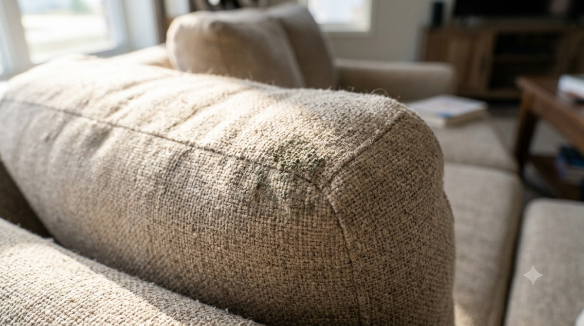 Close-up of a small mold spot on the corner of a fabric sofa cushion before professional cleaning.