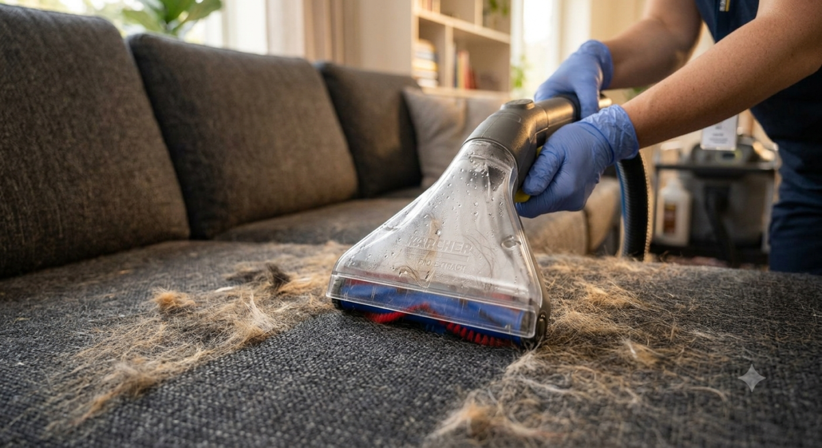Technician checking sofa fabric label