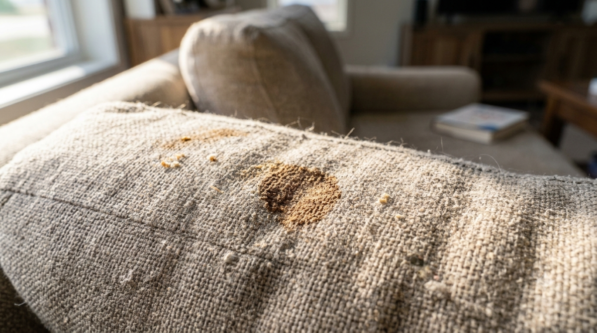 Close-up of a stained fabric sofa cushion before professional cleaning