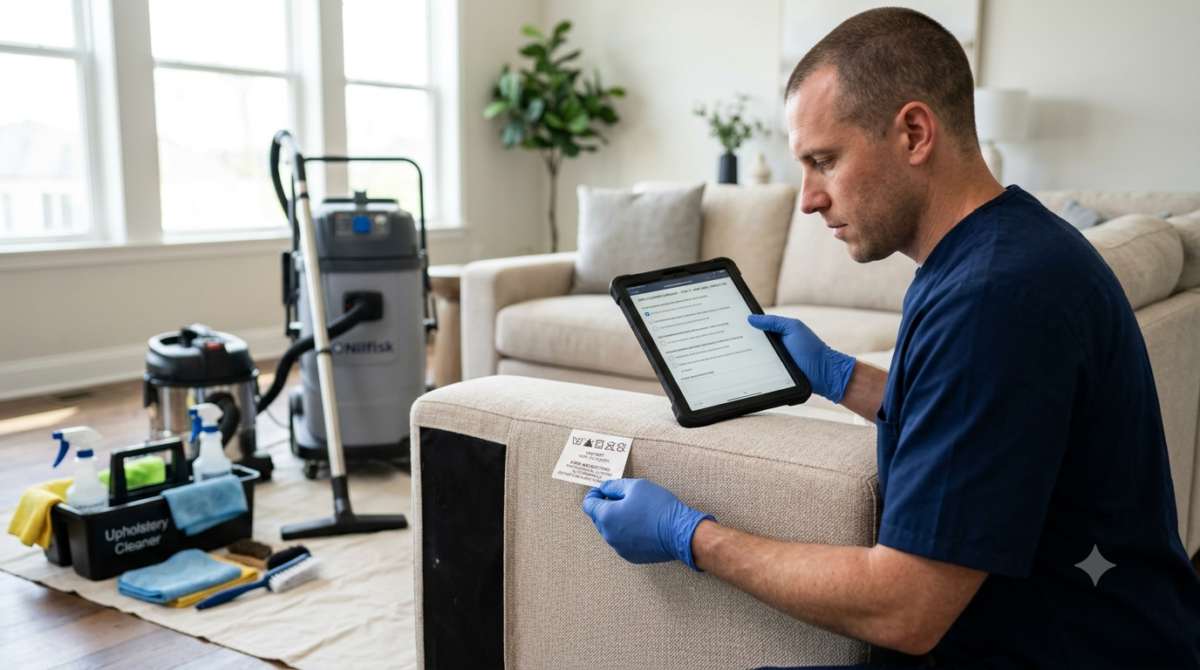 Professional technician checking a sofa fabric care label before starting upholstery cleaning.