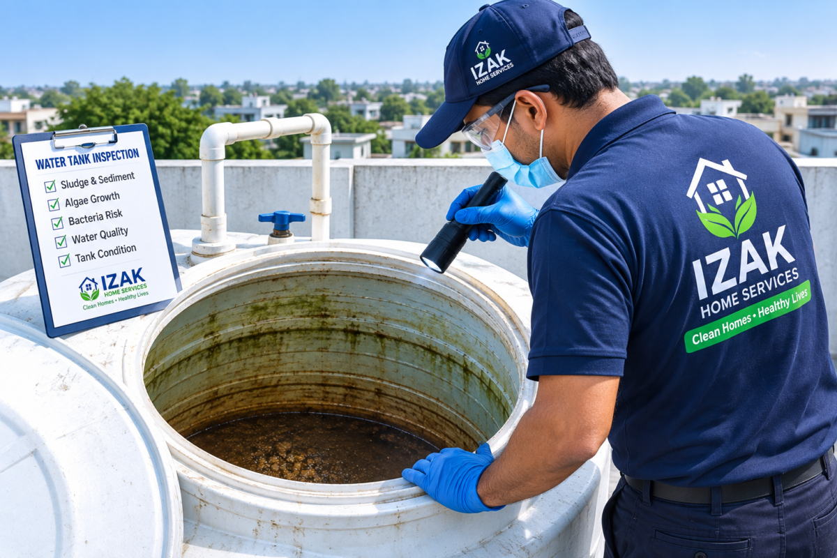 Technician inspecting overhead water tank